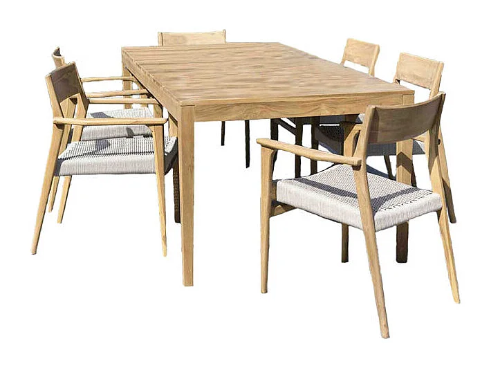 Ensemble en teck massif et cordage Beige 6/8 places avec 6 fauteuils CALVI