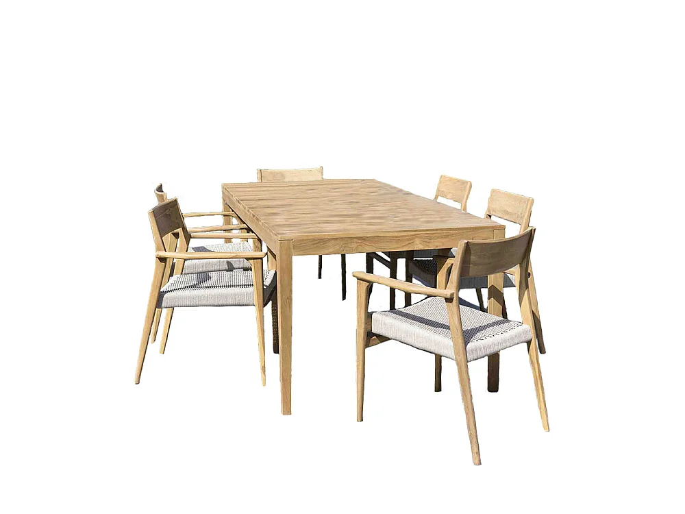 Ensemble en teck massif et cordage Beige 6/8 places avec 6 fauteuils CALVI