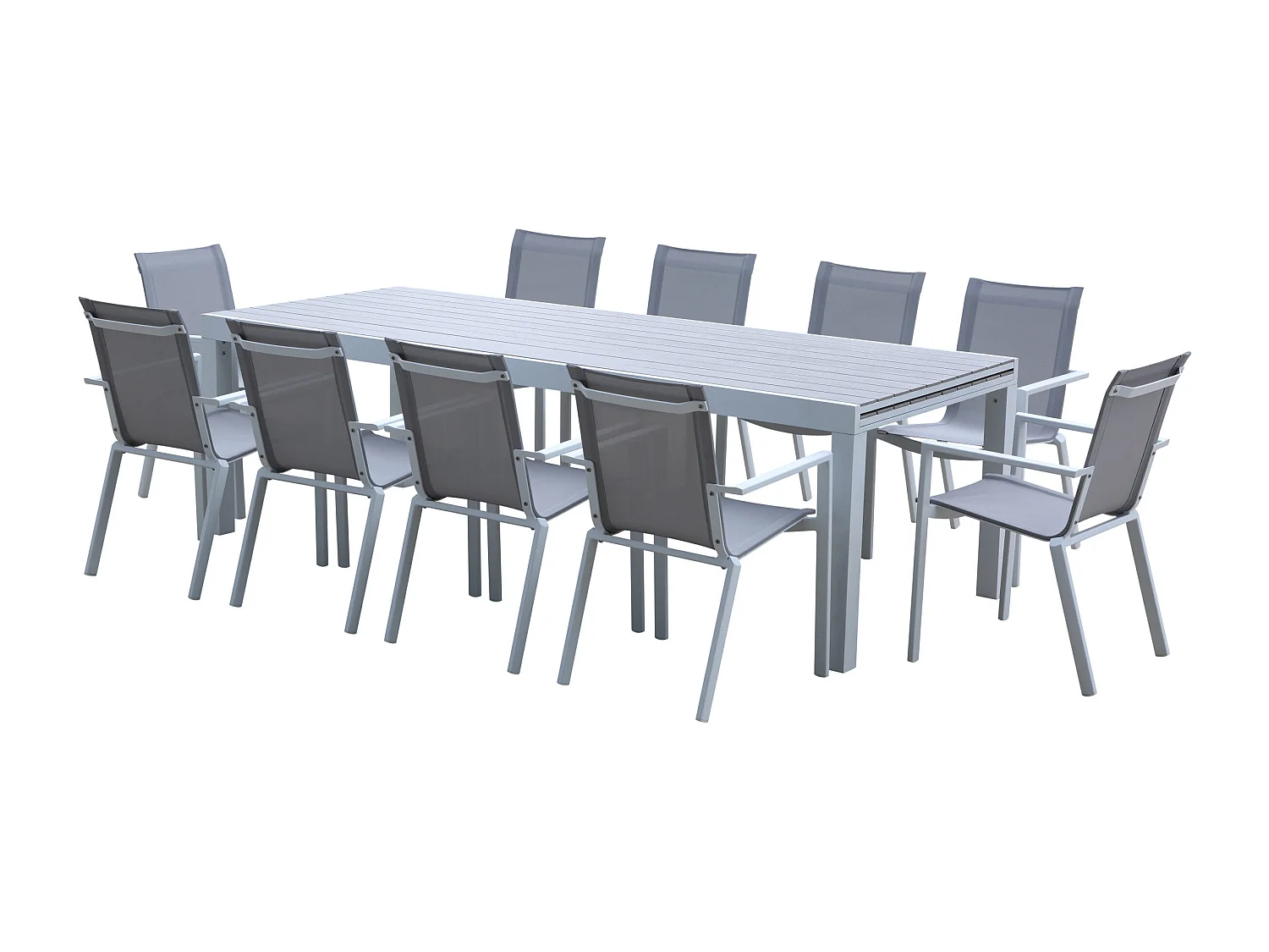 Ensemble TULUM 10/14p en aluminium blanc et plateau en aluminium décors bois avec 10 fauteuils en textilène