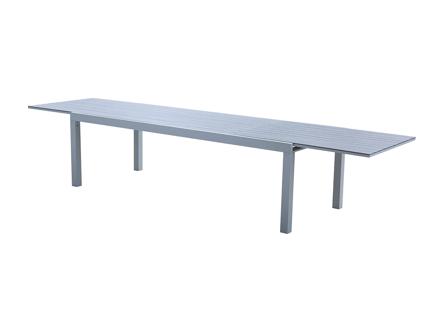 Ensemble TULUM 10/14p en aluminium blanc et plateau en aluminium décors bois avec 10 fauteuils en textilène