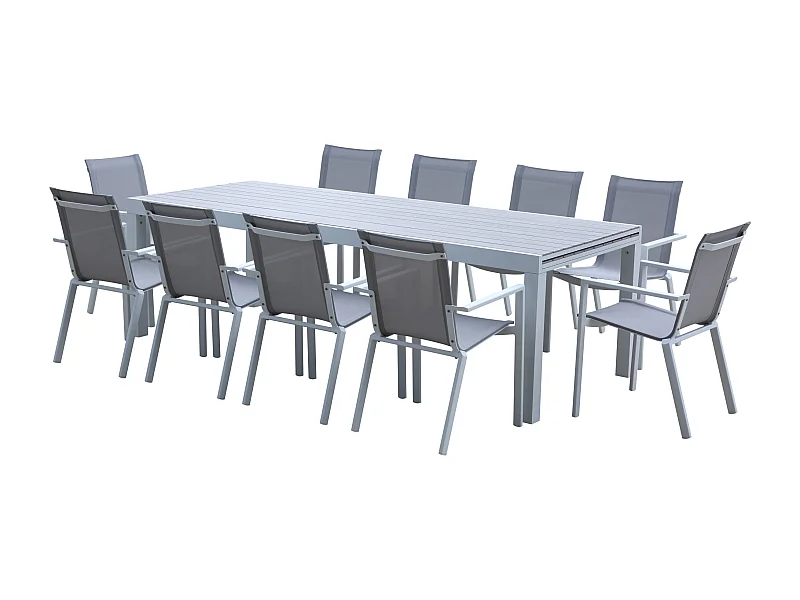 Ensemble TULUM 10/14p en aluminium blanc et plateau en aluminium décors bois avec 10 fauteuils en textilène