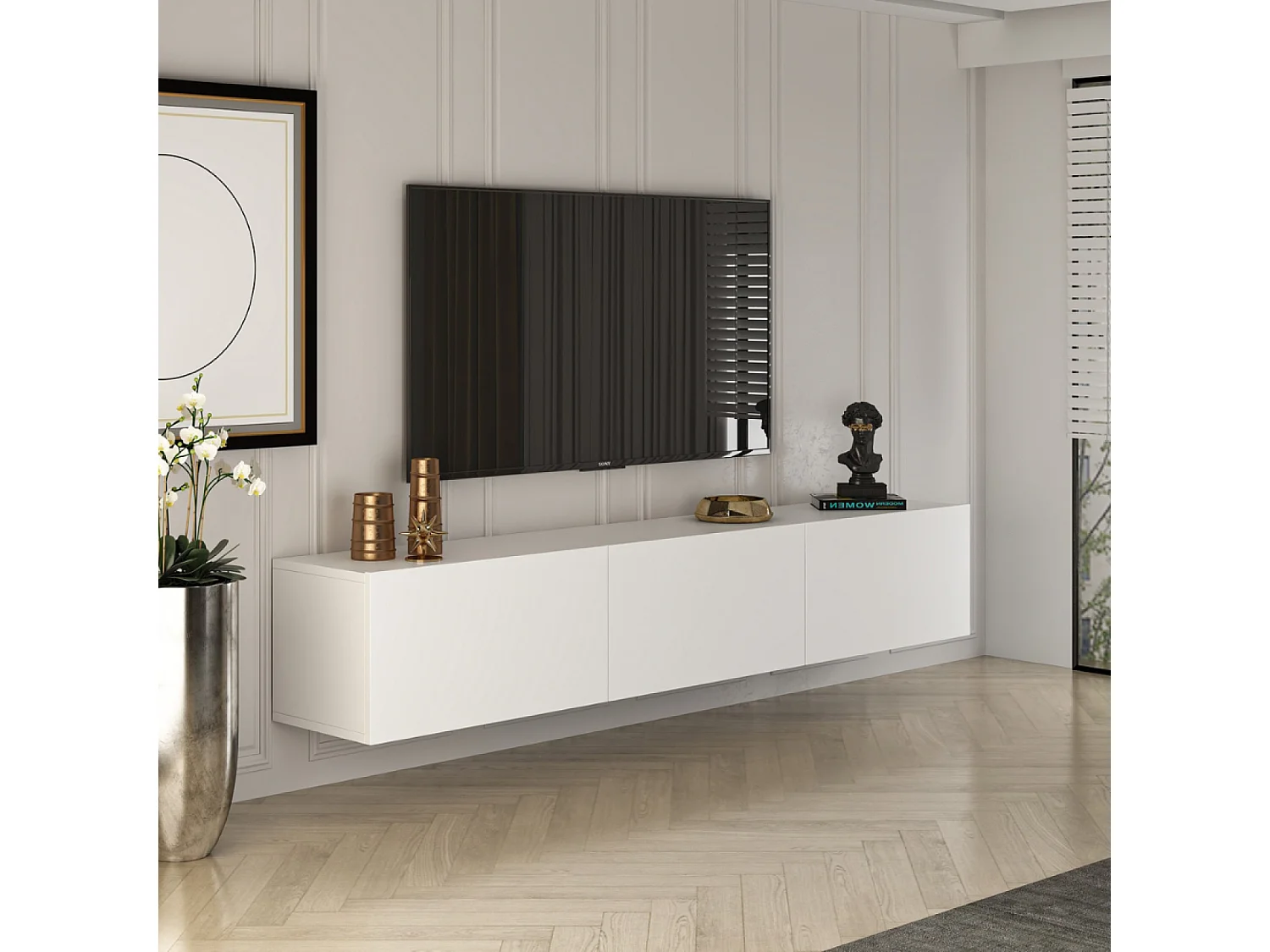 Meuble TV suspendu avec placards 150cm blanc HAL