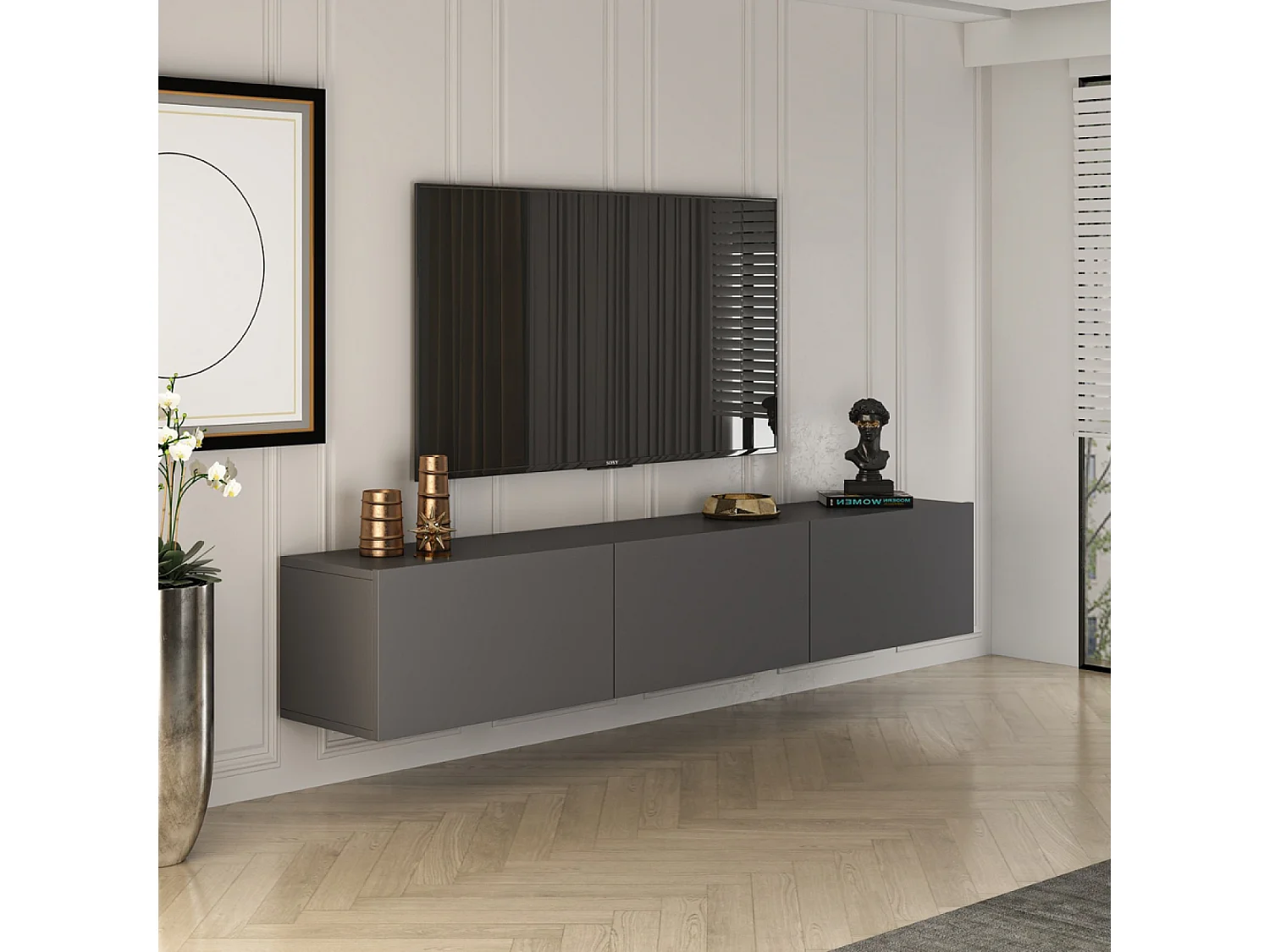 Meuble TV suspendu avec placards 150cm gris anthracite HAL