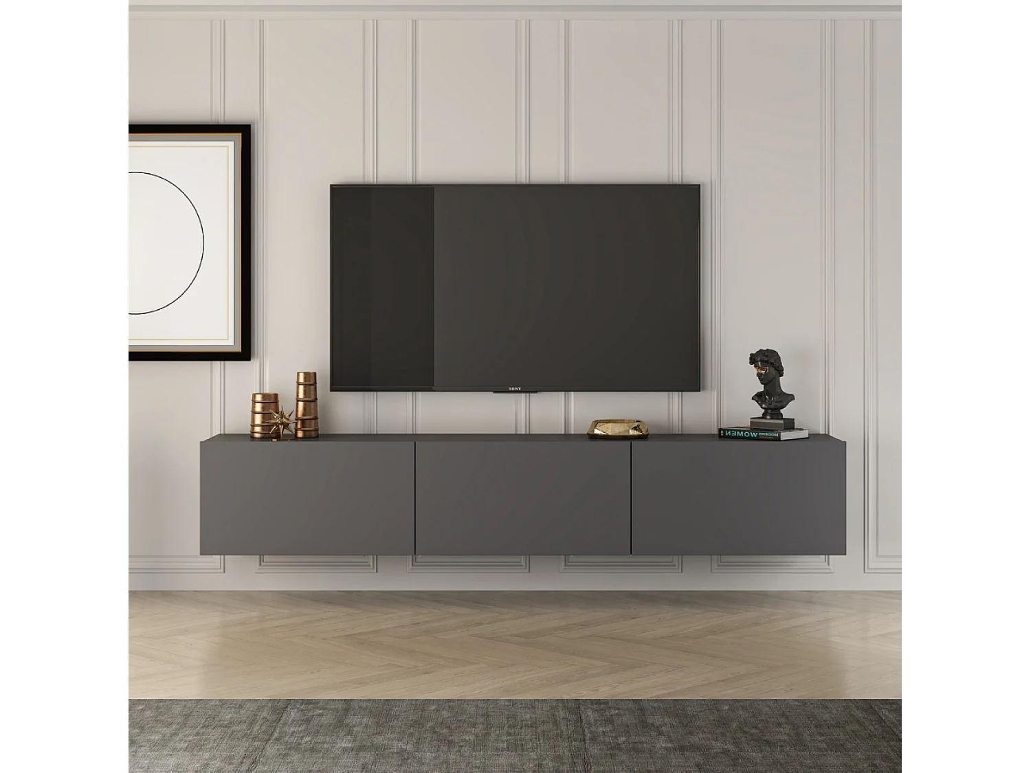 Meuble TV suspendu avec placards 150cm gris anthracite HAL