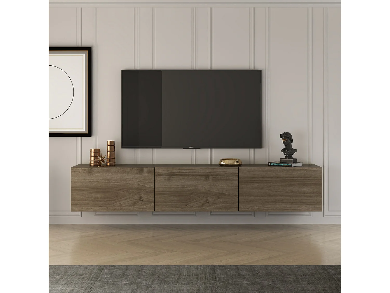 Meuble TV suspendu avec placards 150cm noyer HAL