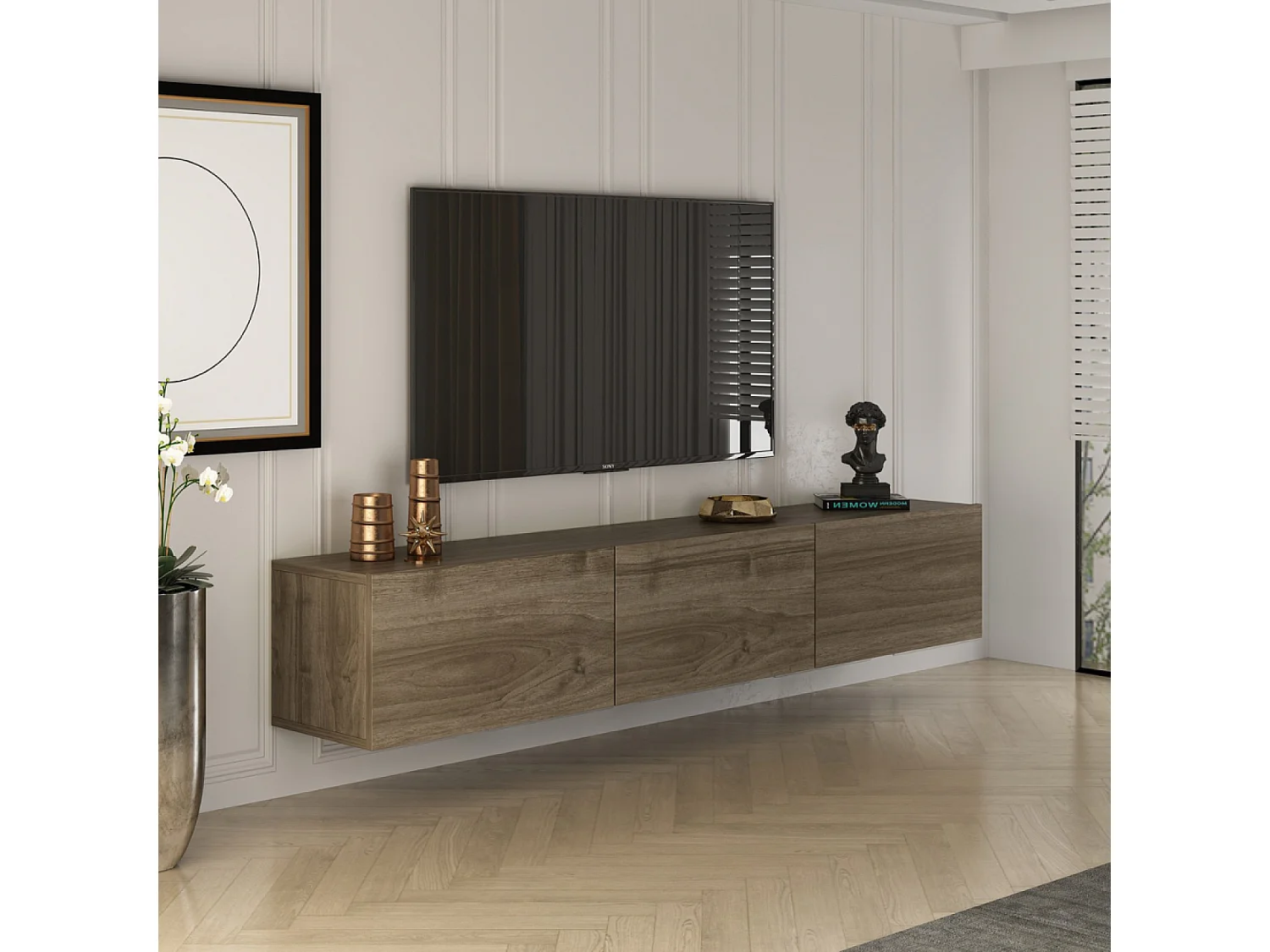 Meuble TV suspendu avec placards 150cm noyer HAL