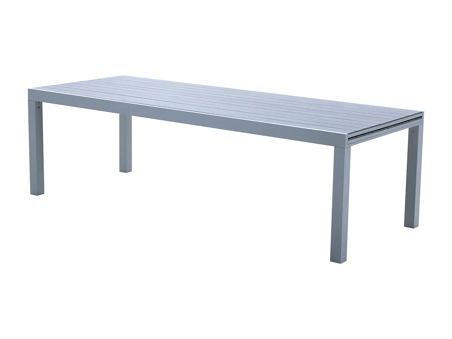 Ensemble TULUM 10/14p en aluminium blanc et plateau en alu décors bois avec 10 fauteuils et 4 chaises pliantes