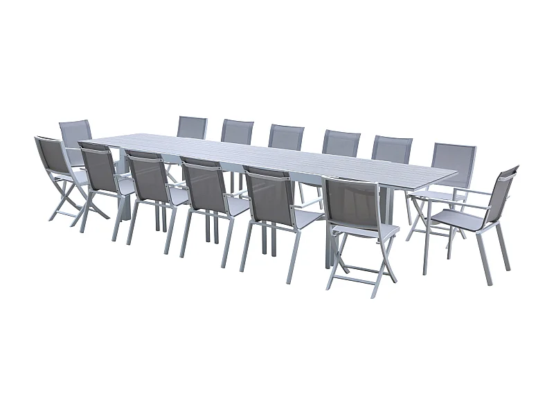 Ensemble TULUM 10/14p en aluminium blanc et plateau en alu décors bois avec 10 fauteuils et 4 chaises pliantes
