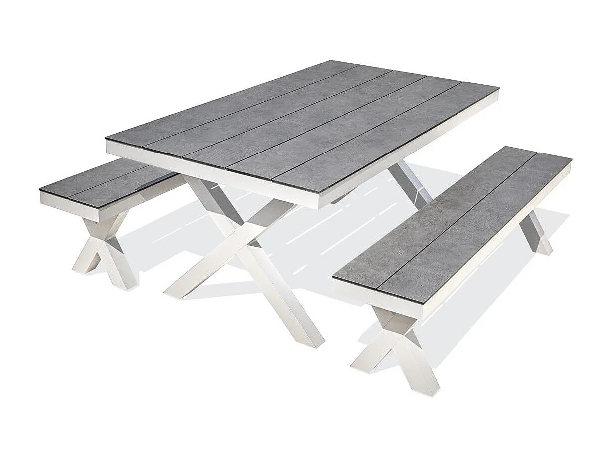 Table de Jardin & 2 Bancs "Annecy" 175cm Blanc
