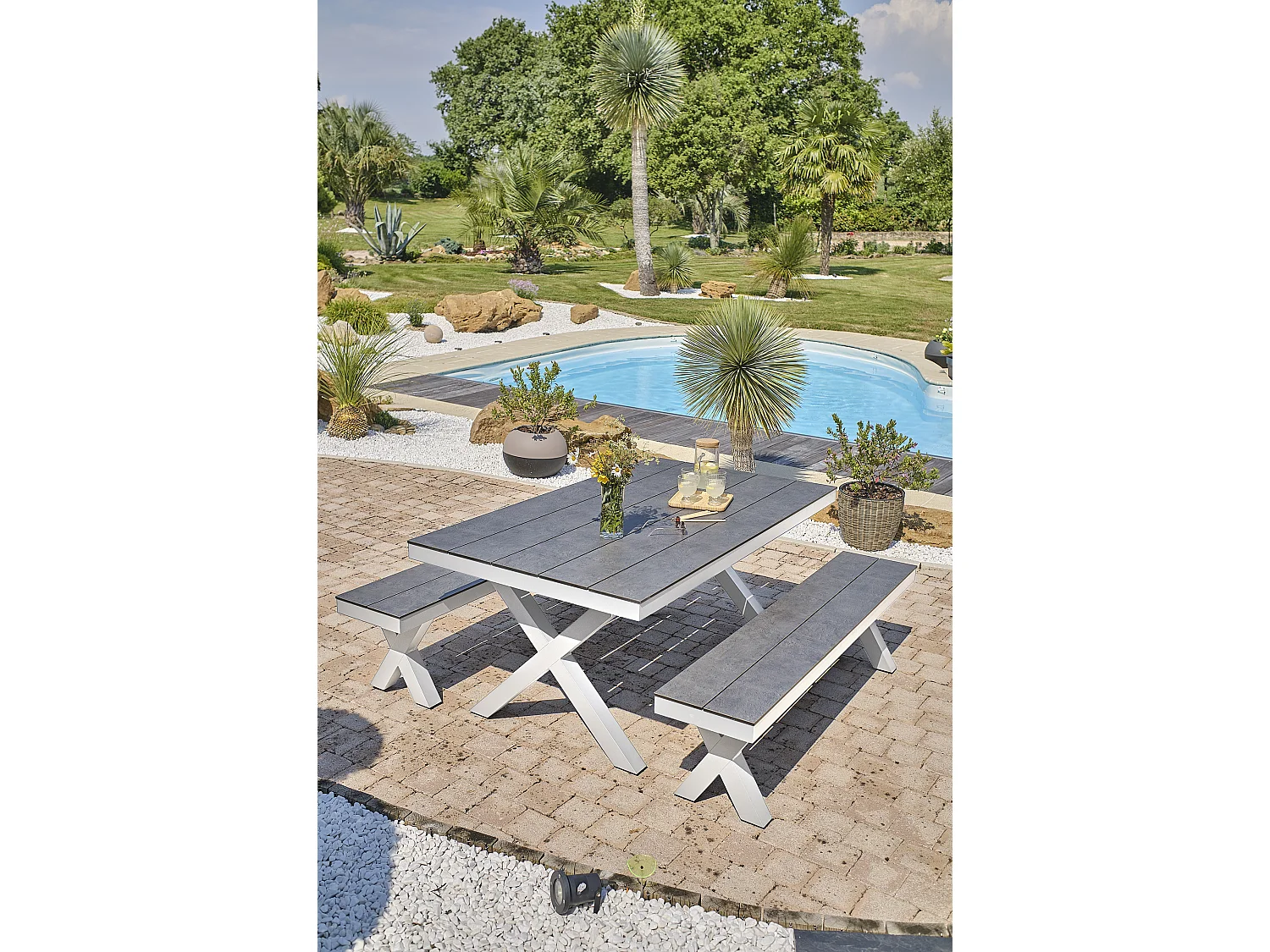 Table de Jardin & 2 Bancs "Annecy" 175cm Blanc