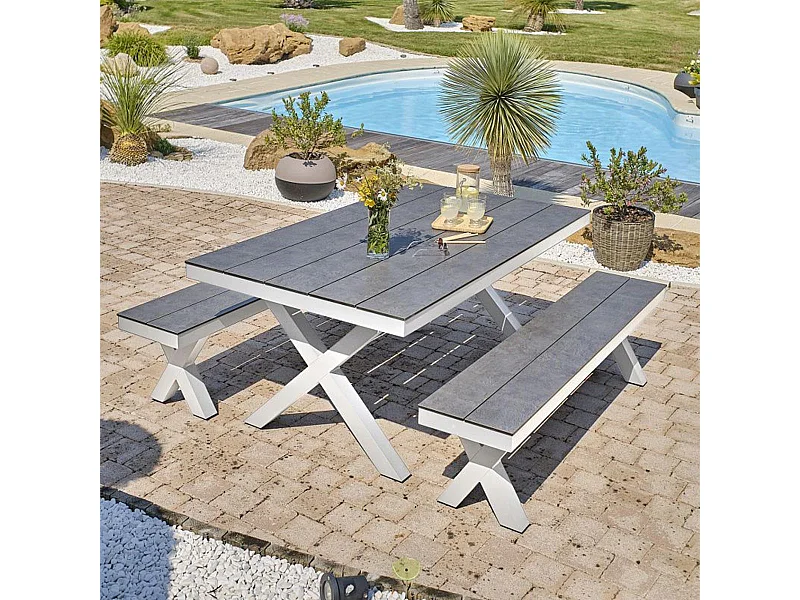 Table de Jardin & 2 Bancs "Annecy" 175cm Blanc
