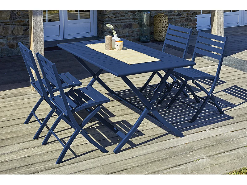 Table de Jardin Pliante & 4 Chaises "Marius" 140cm Bleu Marine