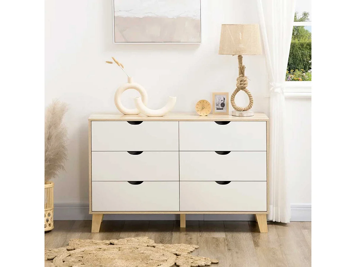 Cómoda Olite Homcom 6 cajones blanco/roble 76x120x40 cm