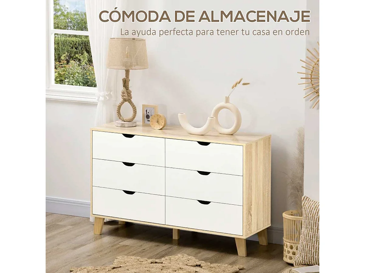 Cómoda Olite Homcom 6 cajones blanco/roble 76x120x40 cm