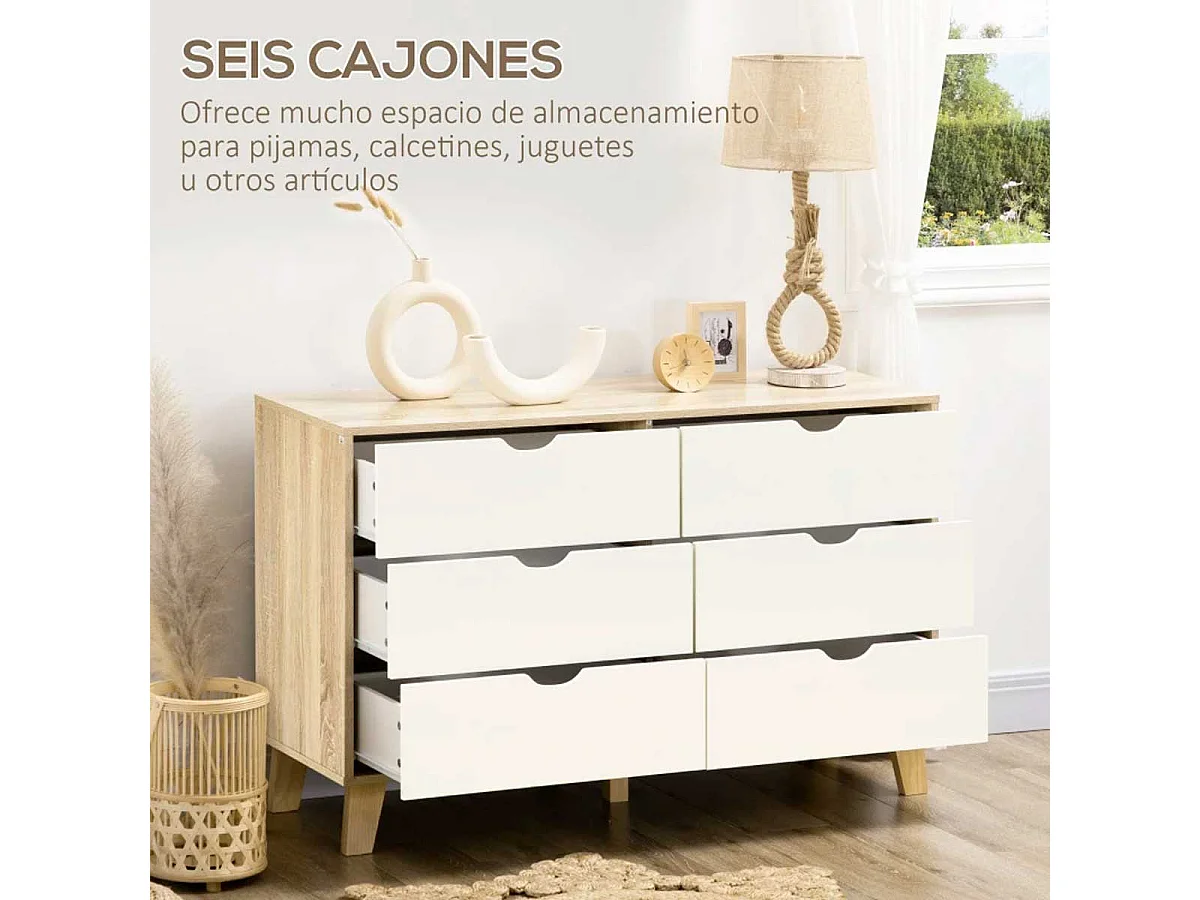 Cómoda Olite Homcom 6 cajones blanco/roble 76x120x40 cm