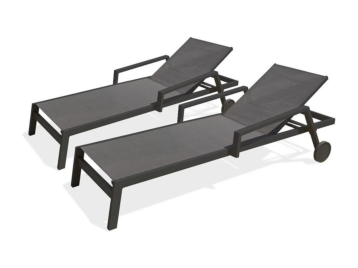 Lot de 2 Bains de Soleil Multi-Positions "Ibiza" 210cm Gris Anthracite