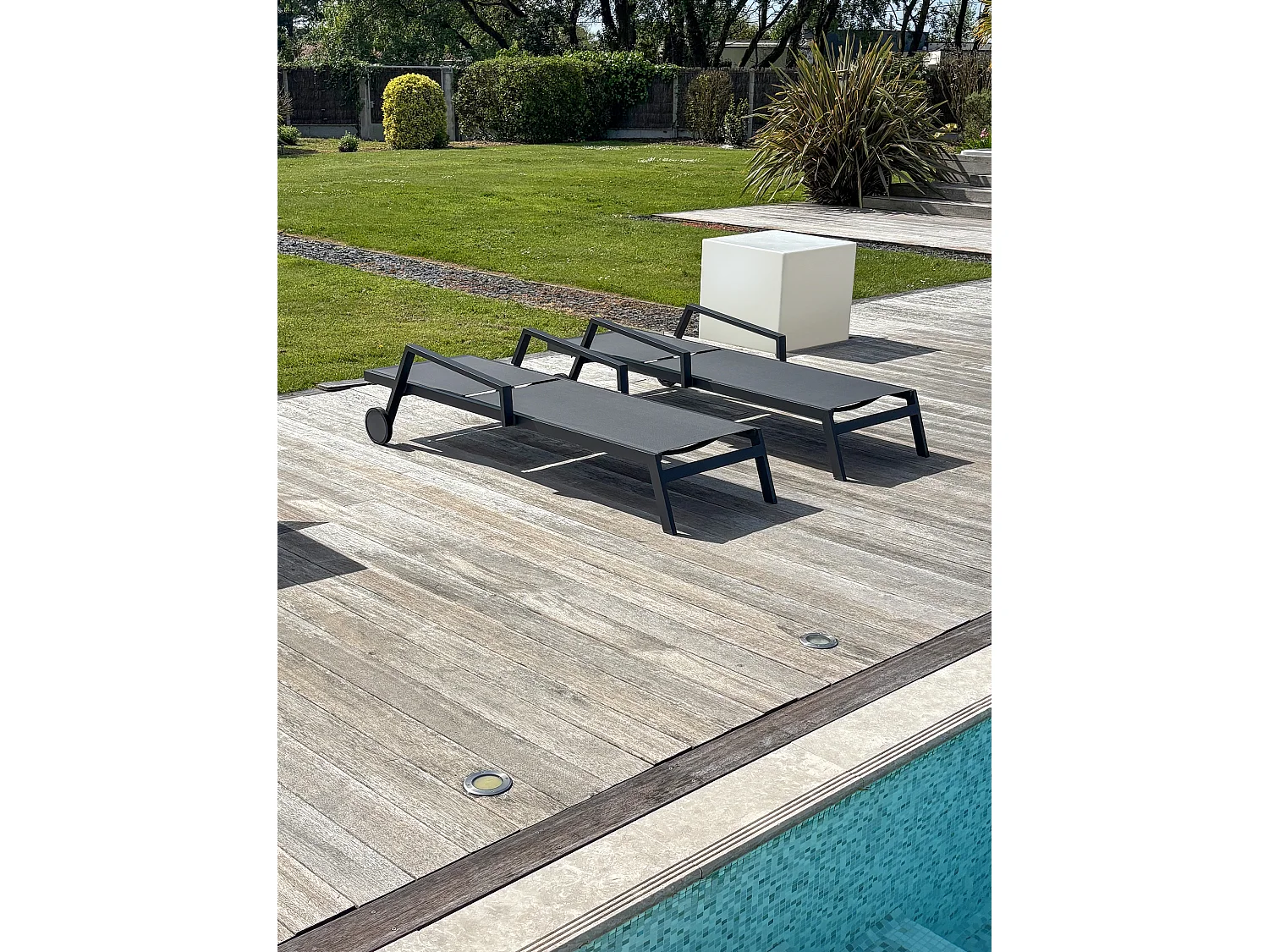 Lot de 2 Bains de Soleil Multi-Positions "Ibiza" 210cm Gris Anthracite