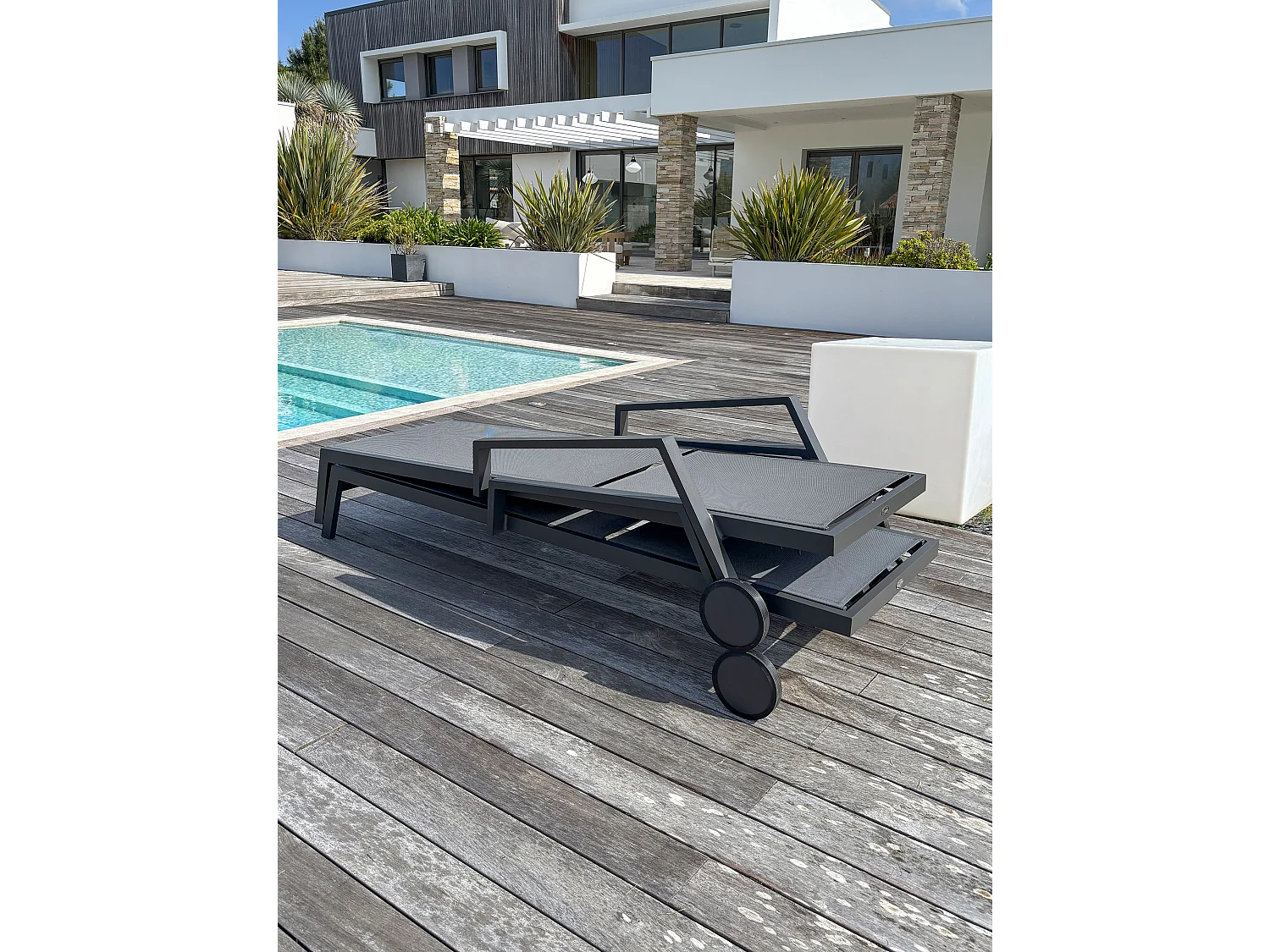 Lot de 2 Bains de Soleil Multi-Positions "Ibiza" 210cm Gris Anthracite