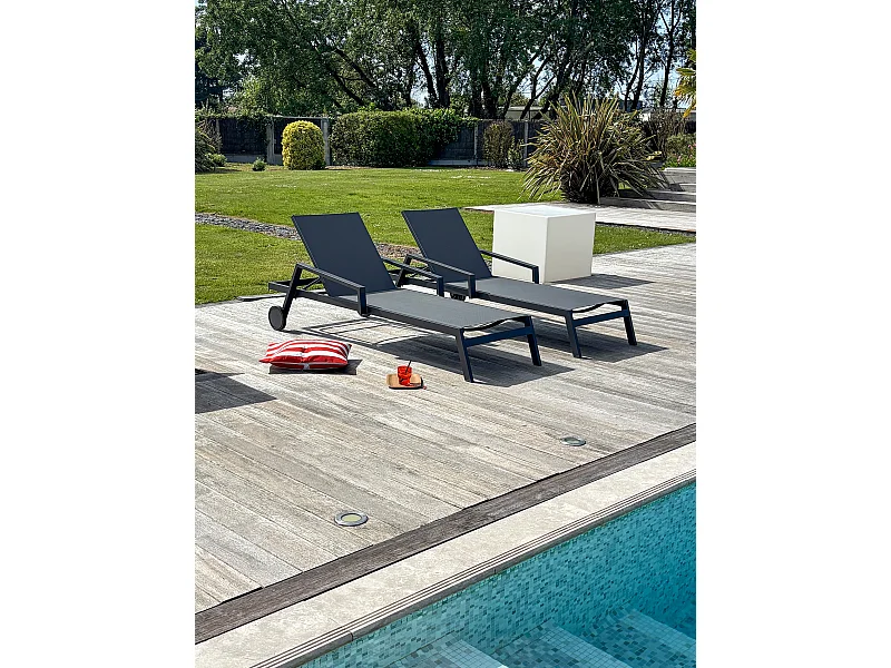 Lot de 2 Bains de Soleil Multi-Positions "Ibiza" 210cm Gris Anthracite