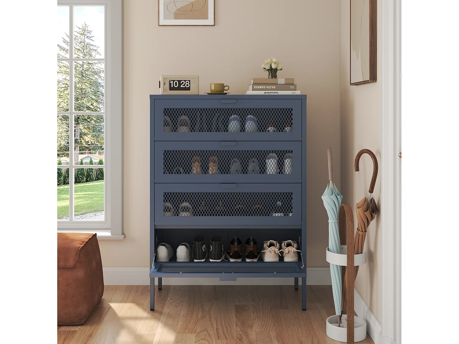 Meuble à chaussures 4 portes en métal bleu gris EMMA - HAPPY GARDEN