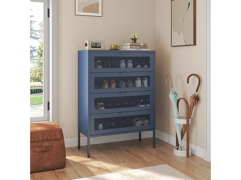 Meuble à chaussures 4 portes en métal bleu gris EMMA - HAPPY GARDEN