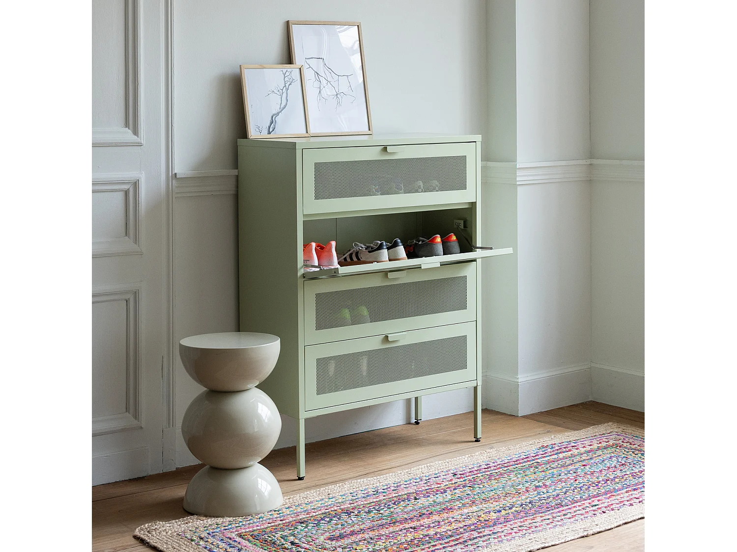Meuble à chaussures 4 portes en métal vert tilleul EMMA - HAPPY GARDEN
