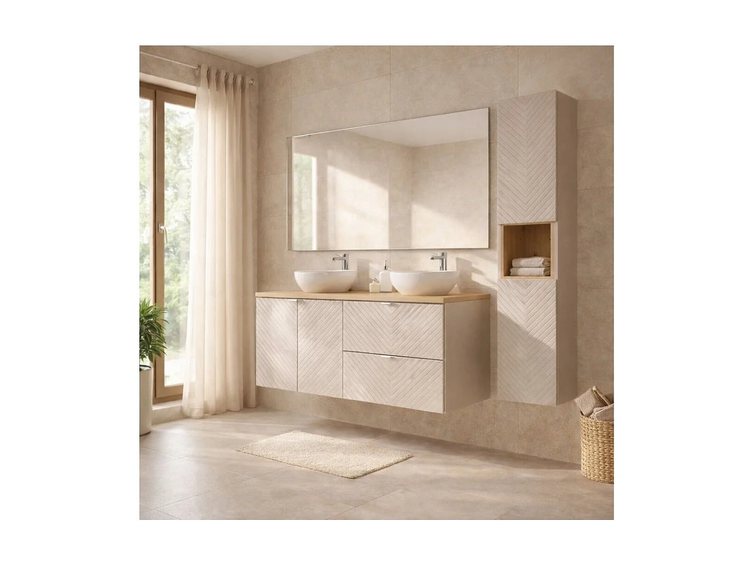 Ensemble AOKI : meubles sous vasque à placards et tiroirs 120cm + plan vasque chêne + vasque blanche ronde à poser + colonne