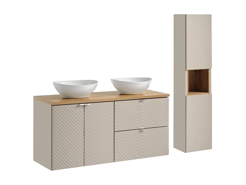 Ensemble AOKI : meubles sous vasque à placards et tiroirs 120cm + plan vasque chêne + vasque blanche ronde à poser + colonne