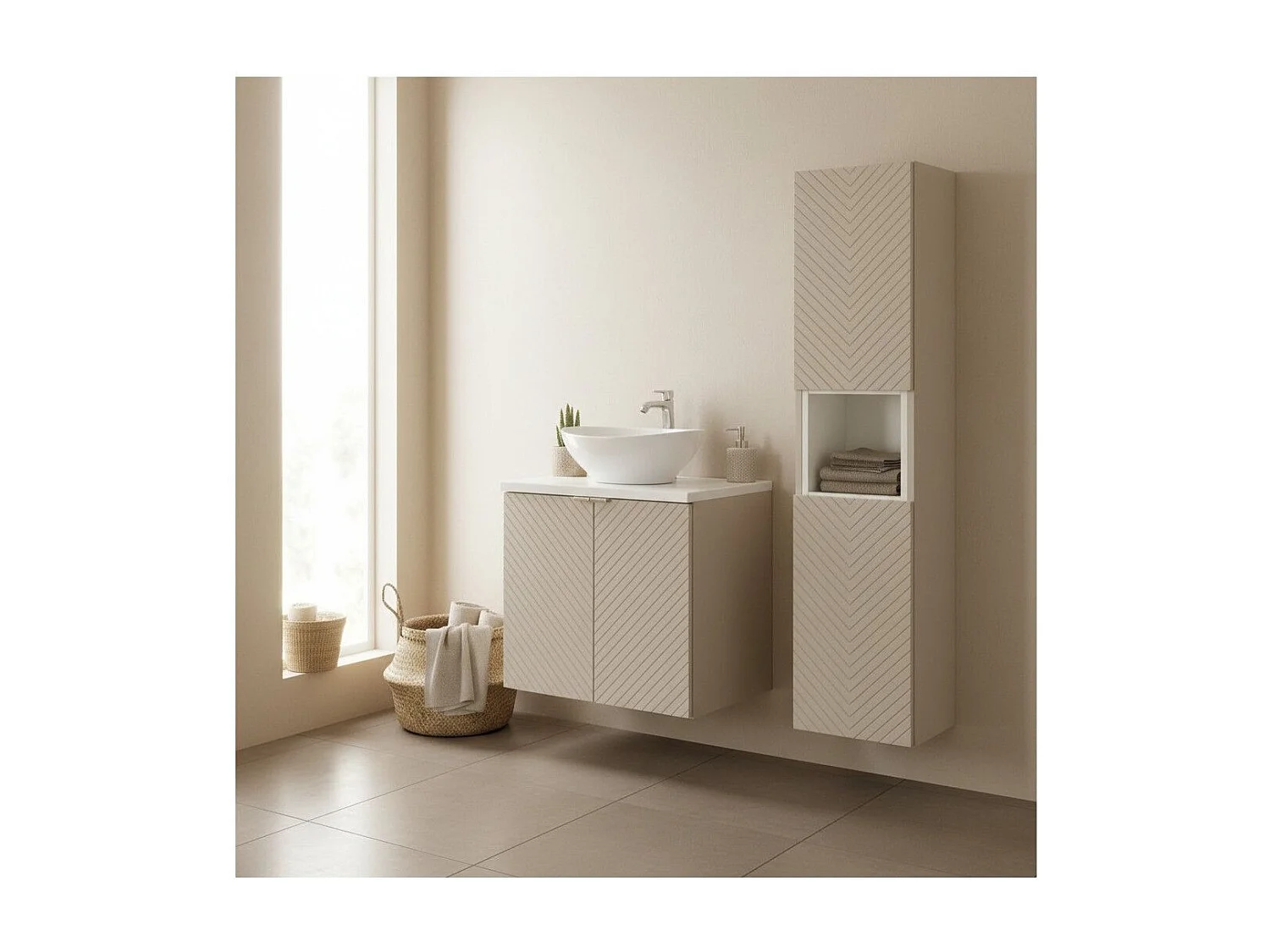 Ensemble AOKI : meuble sous vasque à placards 60cm + plan vasque blanc + vasque blanche ronde à poser + colonne