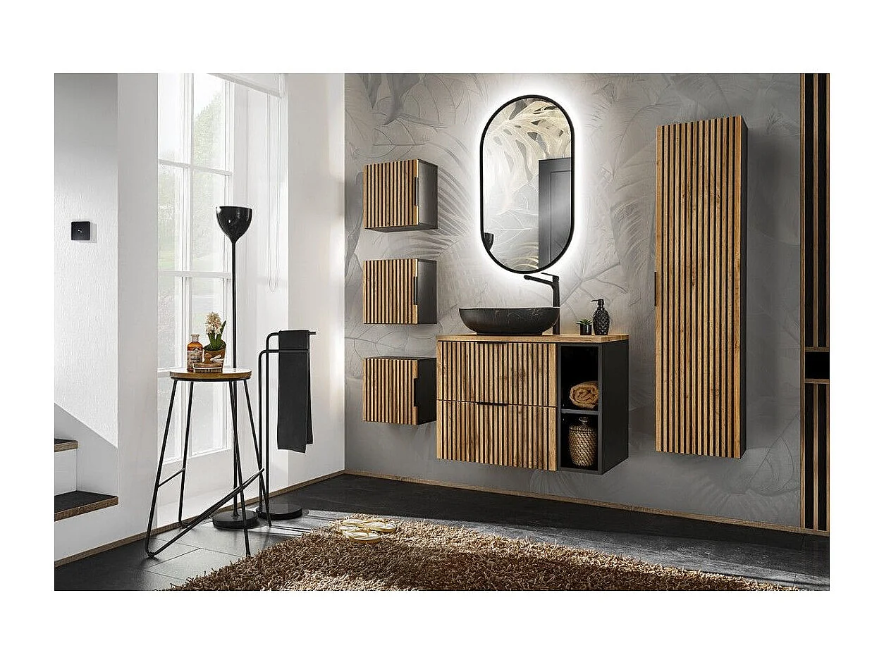 Ensemble KINOKO : meuble sous vasque 80cm + vasque noire ronde à poser + miroir LED + meubles de rangement