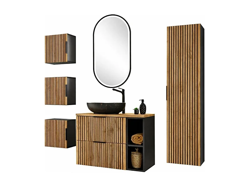 Ensemble KINOKO : meuble sous vasque 80cm + vasque noire ronde à poser + miroir LED + meubles de rangement