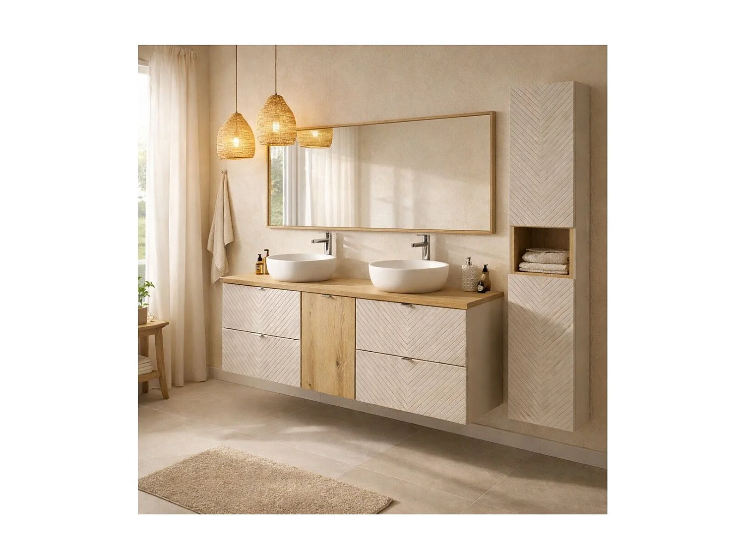 Ensemble AOKI : meubles sous vasque à tiroirs + panier à linge + plan vasque chêne + colonne