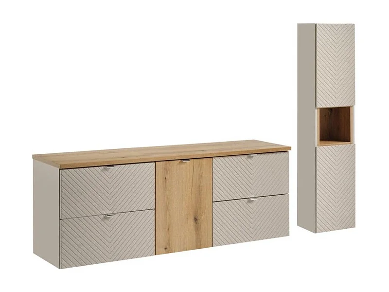 Ensemble AOKI : meubles sous vasque à tiroirs + panier à linge + plan vasque chêne + colonne