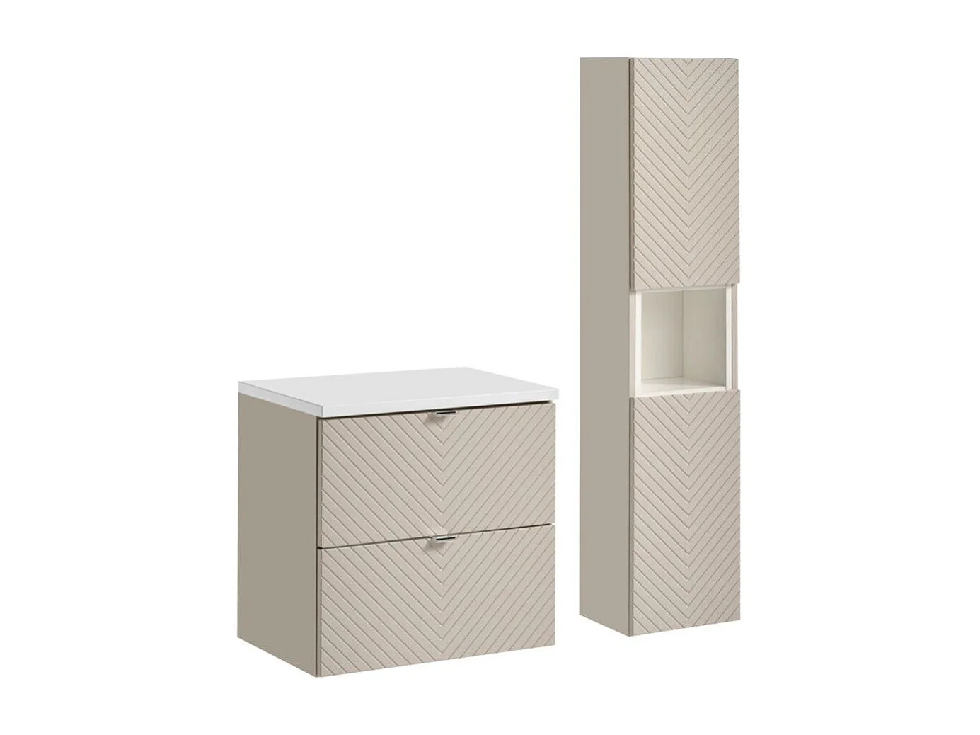 Ensemble AOKI : meuble sous vasque à tiroirs 60cm + plan vasque blanc + colonne de rangement
