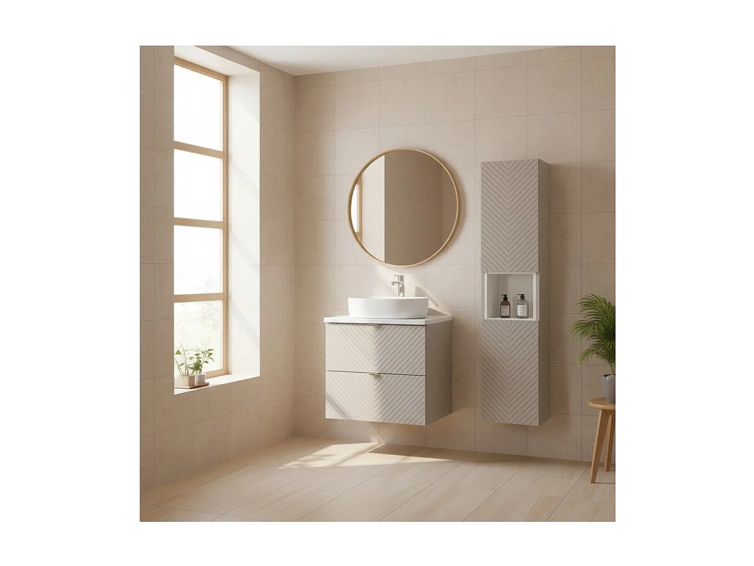 Ensemble AOKI : meuble sous vasque à tiroirs 60cm + plan vasque blanc + colonne de rangement