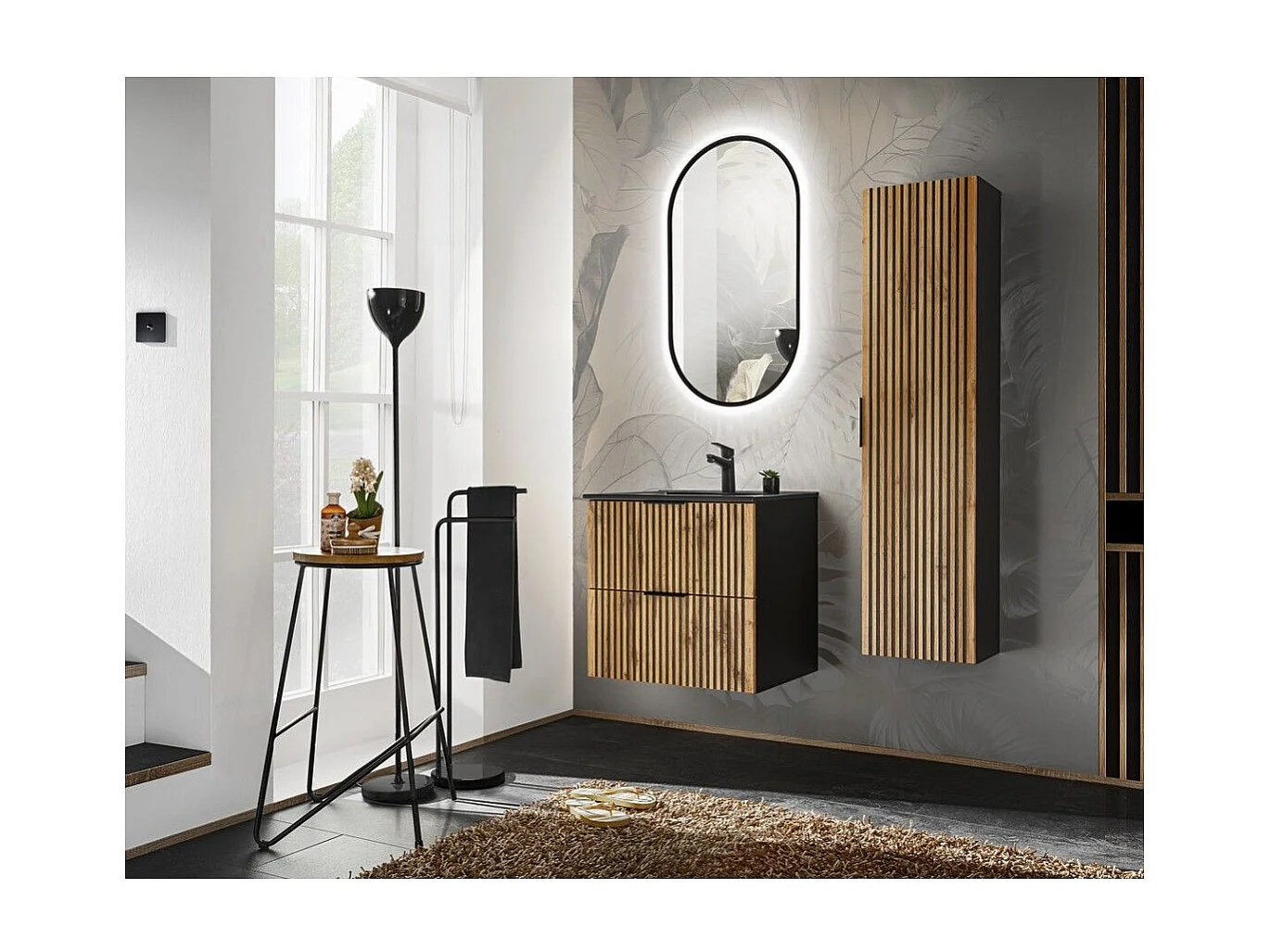 Ensemble KINOKO : meuble sous vasque 60cm + vasque à encastrer noire + miroir LED + colonne de rangement