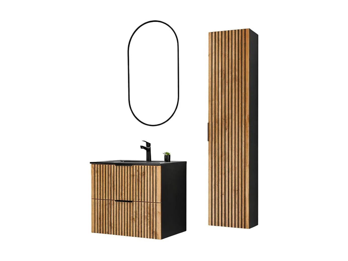 Ensemble KINOKO : meuble sous vasque 60cm + vasque à encastrer noire + miroir LED + colonne de rangement