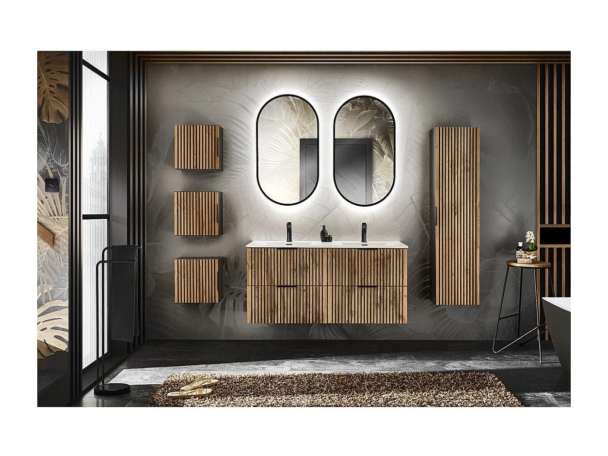 Ensemble KINOKO : meubles sous vasque 120cm + double vasque encastrée blanche + 2 miroir LED + meubles de rangement