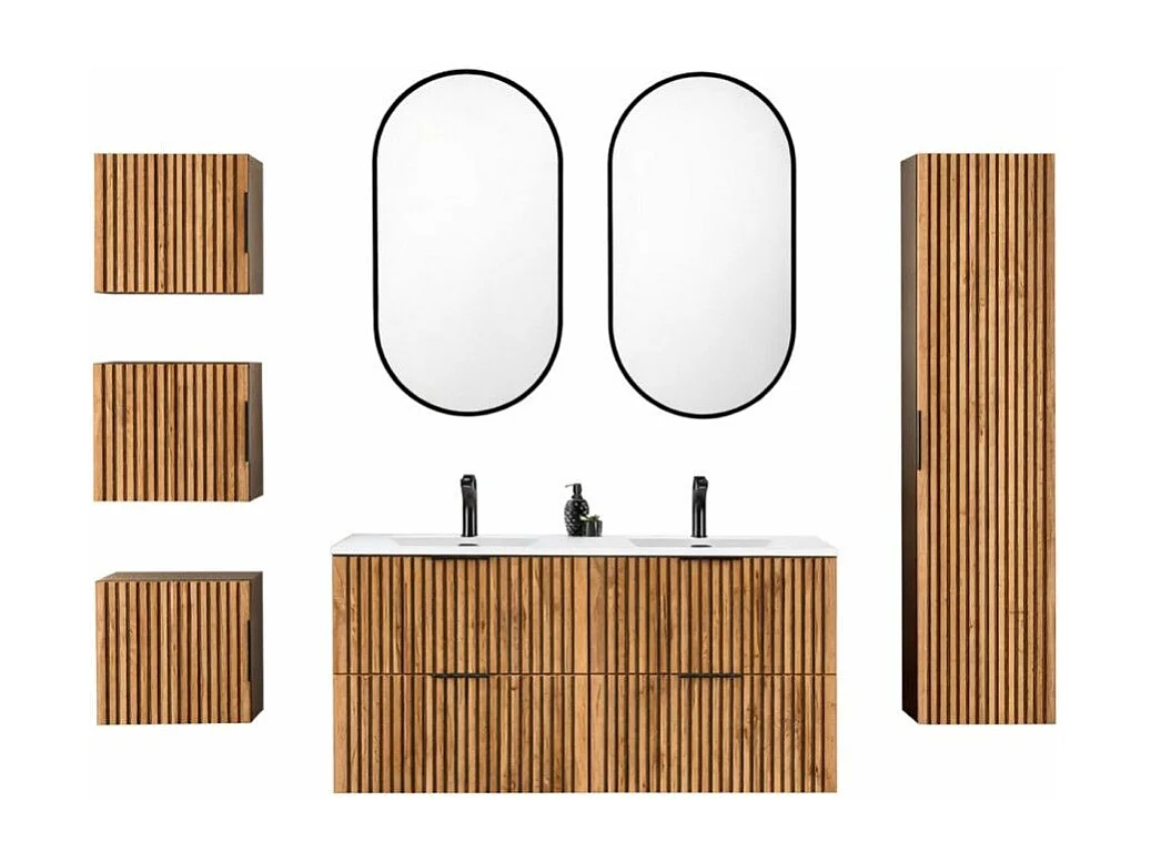 Ensemble KINOKO : meubles sous vasque 120cm + double vasque encastrée blanche + 2 miroir LED + meubles de rangement