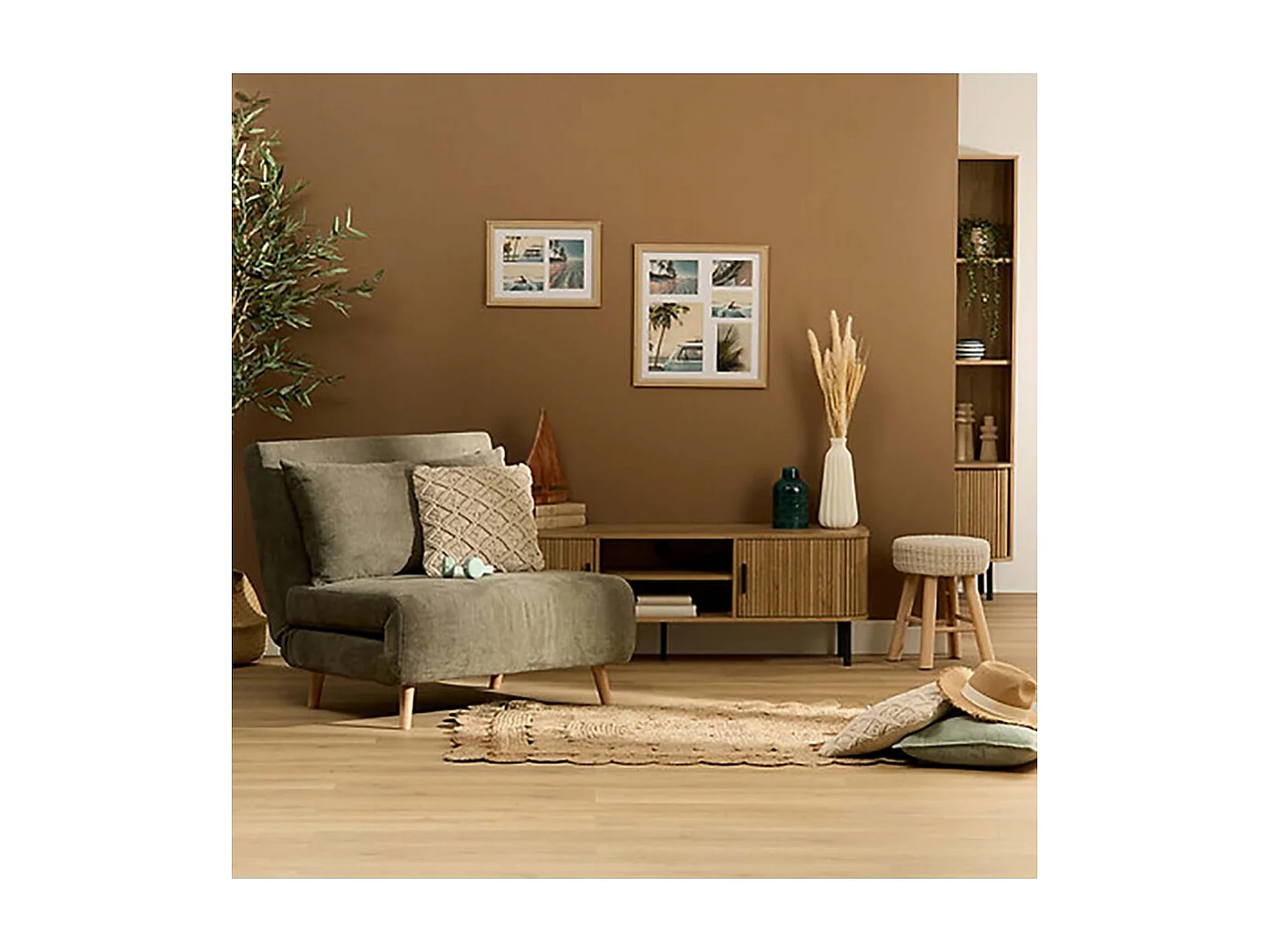 Lit fauteuil convertible de couleur grise anthracite avec des pieds en bois - Longueur 92 x Profondeur 88 x Hauteur 82 cm