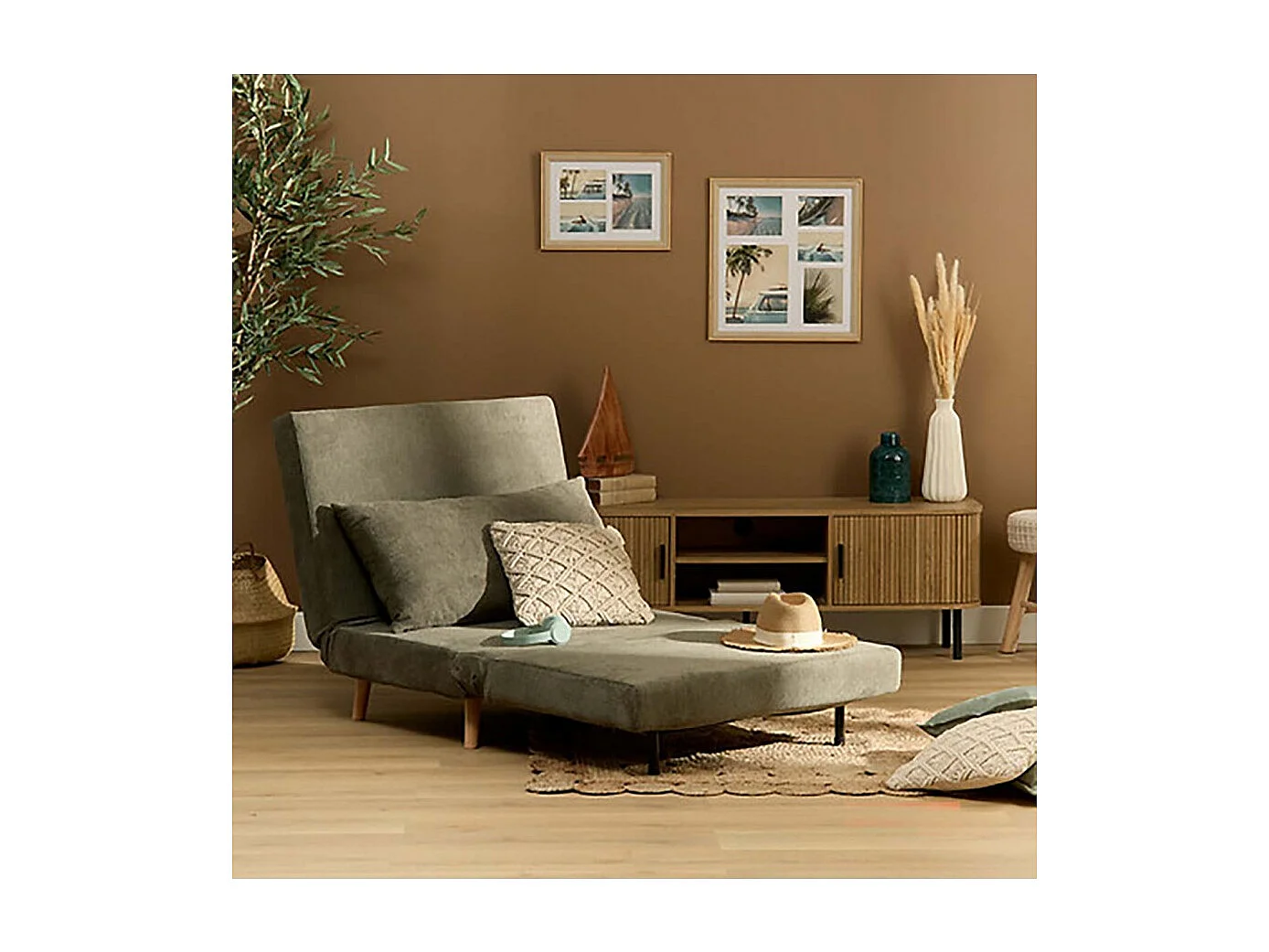 Lit fauteuil convertible de couleur grise anthracite avec des pieds en bois - Longueur 92 x Profondeur 88 x Hauteur 82 cm