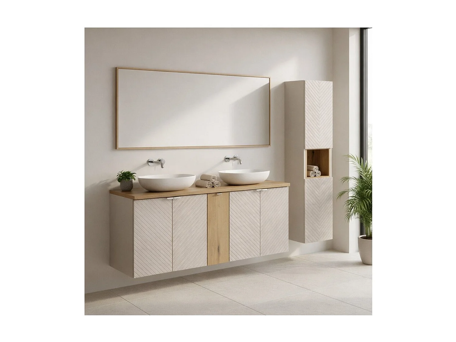 Ensemble AOKI : meubles sous vasque à placards + plan vasque chêne + colonne