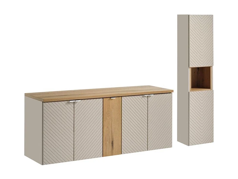 Ensemble AOKI : meubles sous vasque à placards + plan vasque chêne + colonne