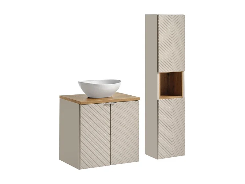 Ensemble AOKI : meuble sous vasque à placard 60cm + plan vasque chêne + vasque blanche ronde à poser + colonne