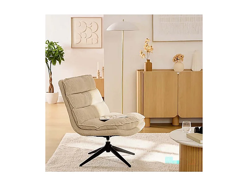 Fauteuil pivotant en velours côtelé beige avec des pieds en métal noir - Longueur 64 x Profondeur 74,5 x Hauteur 87 cm