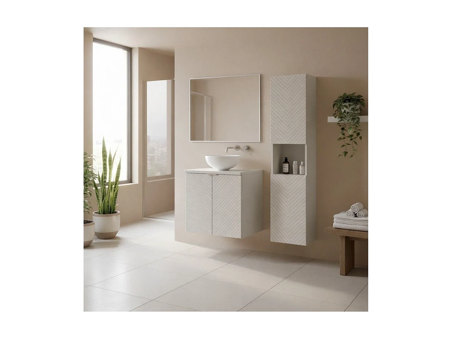 Ensemble AOKI : meuble sous vasque à placards 60cm + plan vasque beige + vasque ronde blanche à poser + colonne