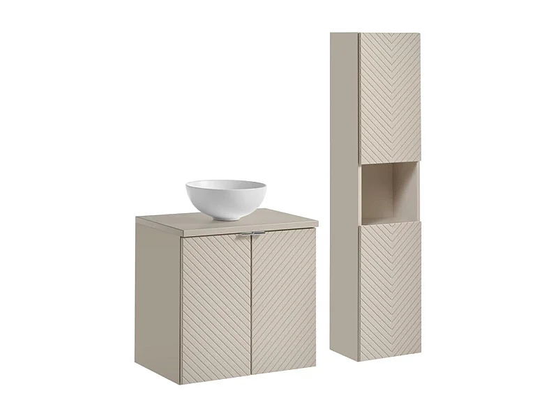 Ensemble AOKI : meuble sous vasque à placards 60cm + plan vasque beige + vasque ronde blanche à poser + colonne