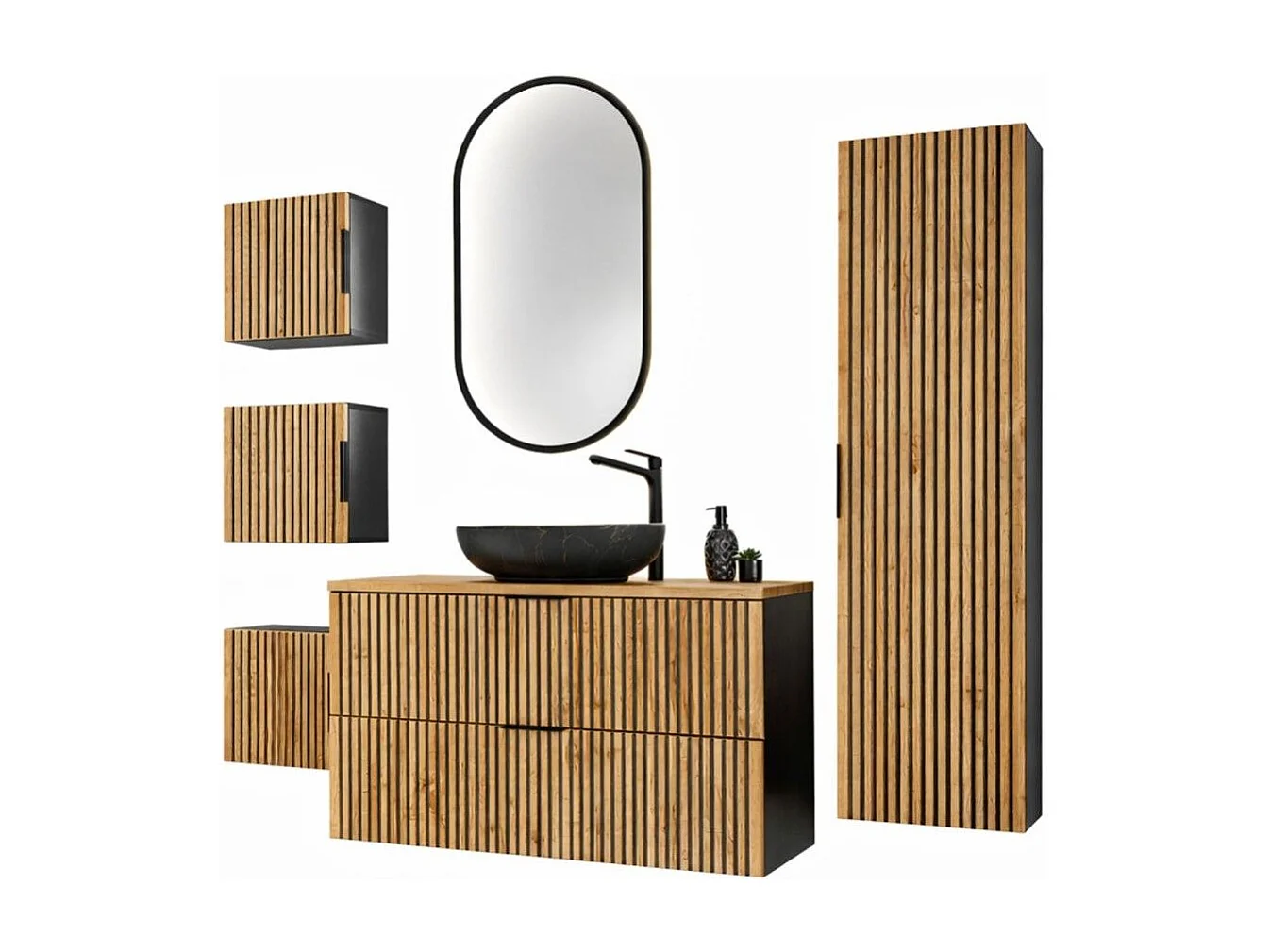 Ensemble KINOKO : meuble sous vasque 100cm + vasque noire à poser + 1 miroir LED + meubles de rangement