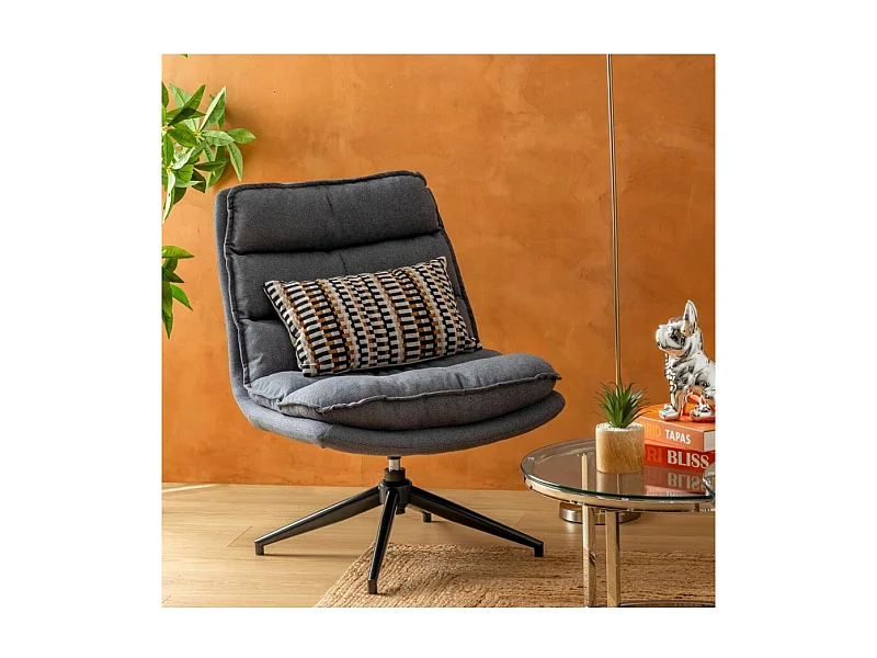 Fauteuil pivotant en polyster gris avec des pieds en métal noir- Longueur 64 x Profondeur 74,5 x Hauteur 87 cm