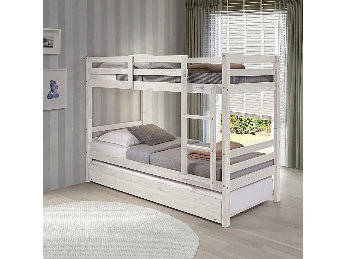 Lit enfant superposé en pin massif couleur Blanc - Longueur 199 x Hauteur 154 x Profondeur 104 cm